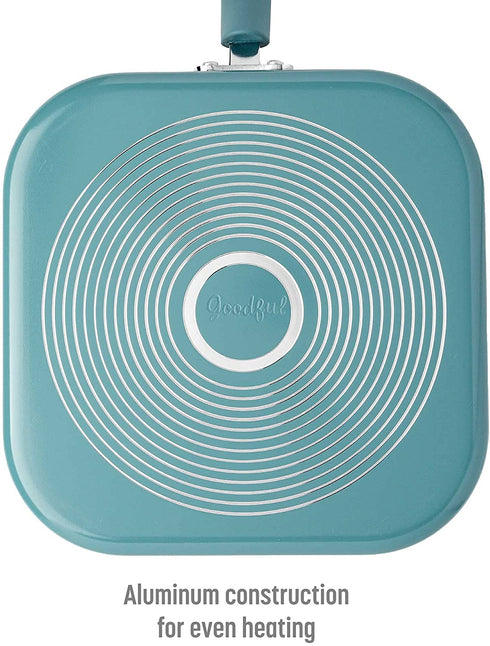 Goodful Aluminum Non-Stick Square Griddle Pan/Flat Grill, Made Without PFOA, with Nylon Pancake Turner, Dishwasher Safe Cookware, 11" x 11", Turquoise