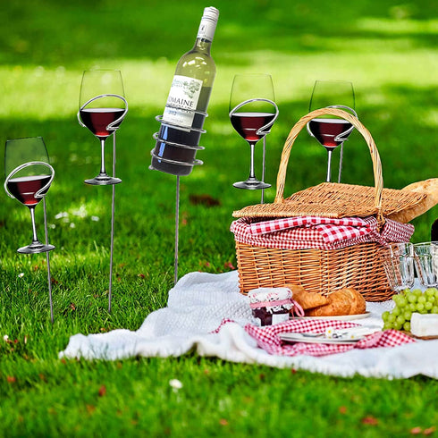 Mind Reader Picnic Wine Sticks, 5 pc Set, 5, Silver Bottle Glass Holder, 5 Count
