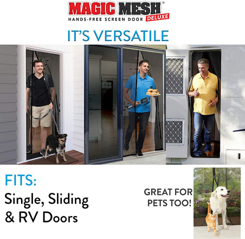 Magic Mesh Deluxe- Black- Hands Free Magnetic Screen Door, Mesh Curtain Keeps Bugs Out, Frame Hook & Loop, Hands Free, Pet & Kid Friendly- Fits Doors up to 39 x 83 Inches