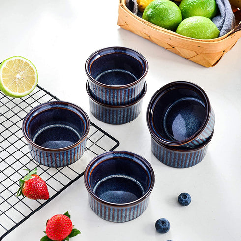 vancasso Ramekin, Souffle Dishes 5 Ounce, Porcelain Ramekins Oven Safe for baking, Set of 6 Ceramic Custard Cups for Creme Brulee Puddings, Ice Cream, Sauce, Lava Cake, Snacks (Nebula Blue)