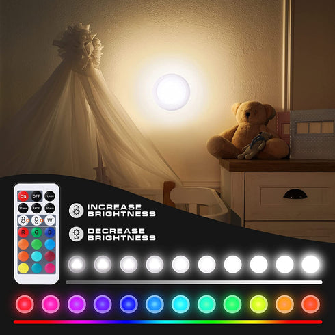 EverBrite Tap Light, Push Light, LED Puck Lights with 12 RGB Colors, Wireless Touch Light Under Cabinet, 80 Lumens Night Light for Closet, Bedroom, Wall, Classroom, 18 AAA Batteries Included, 6-Pack
