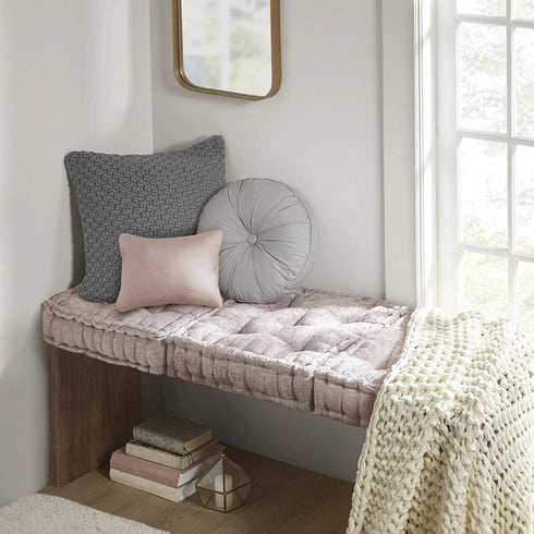 Intelligent Design Azza Floor Pillow Square Pouf Chenille Tufted with Scalloped Edge Design Hypoallergenic Bench/Chair Cushion, 20"x20"x5", Blush