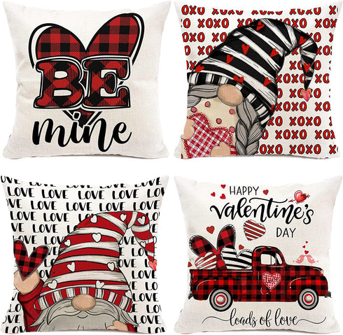 Hexagram Valentines Day Pillow Covers 18x18 Set of 4, Linen Decorative Valentines Day Pillows for Sofa Buffalo Plaid Cusion Case Outdoor Decor