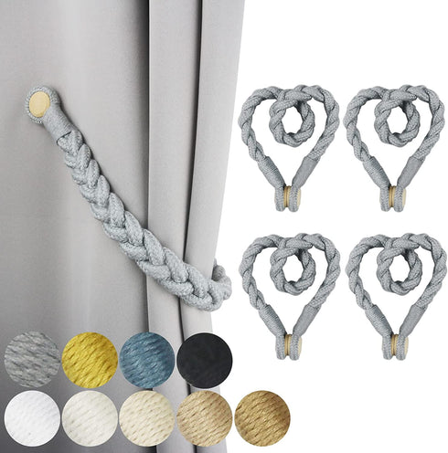 Porlau 4 Pack Grey Magnetic Soft Curtain Tiebacks Cotton Hand-Woven Tieback Holdback Home Decorative Tie Backs with Durable Wooden Buckle for Home Office Decor