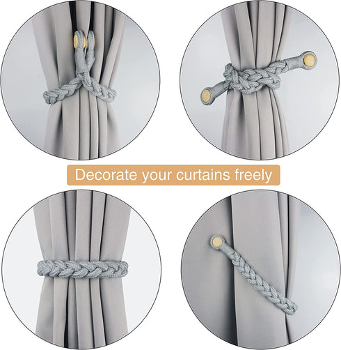 Porlau 4 Pack Grey Magnetic Soft Curtain Tiebacks Cotton Hand-Woven Tieback Holdback Home Decorative Tie Backs with Durable Wooden Buckle for Home Office Decor