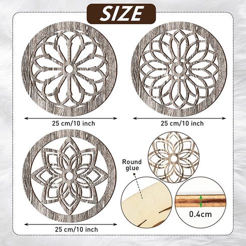 3 Pcs Thickened Wooden Rustic Wall Decor Flower Carved Wall Art Farmhouse Geometric Frame Hanging Art Decor for Home Decor (Light Brown,Round)