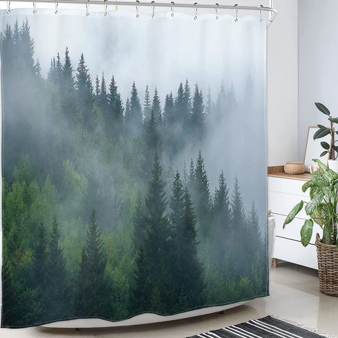 Homewelle Forest Shower Curtain Men 60Wx72H Foggy Mountain Pine Tree Woodsy Cloudy Masculine Landscape Green Nature Rustic Scenic Woodland Misty Rainforest Waterproof Polyester Fabric Bathroom Bathtub