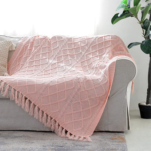 Solid Soft Cozy Cable Knitted Blanket Throw, Lightweight Decorative Textured Throw Blanket with Fringes for Couch Chairs Bed Sofa, Pink, 50"x 60"
