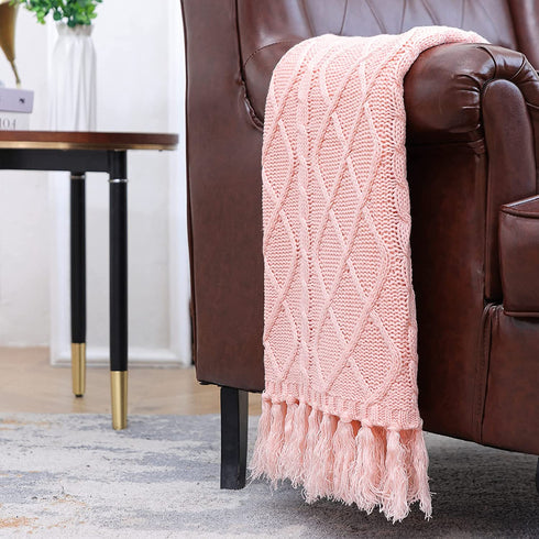 Solid Soft Cozy Cable Knitted Blanket Throw, Lightweight Decorative Textured Throw Blanket with Fringes for Couch Chairs Bed Sofa, Pink, 50"x 60"