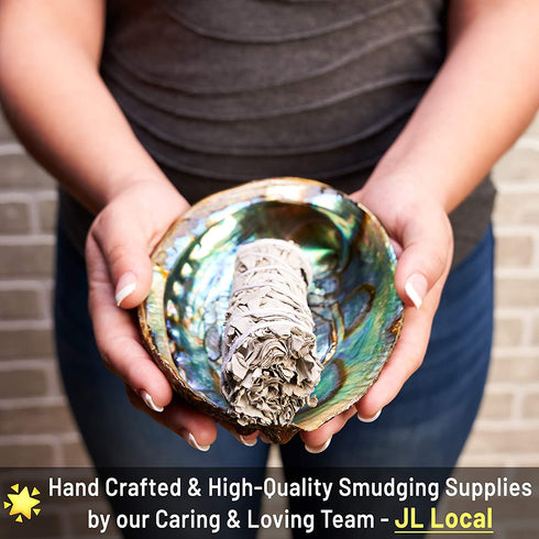 JL Local White Sage Smudge & Cleansing Kit Gift Box - Abalone Shell, Instructions & More - Smudging, Healing & Stress Relief (Standard with Stand)