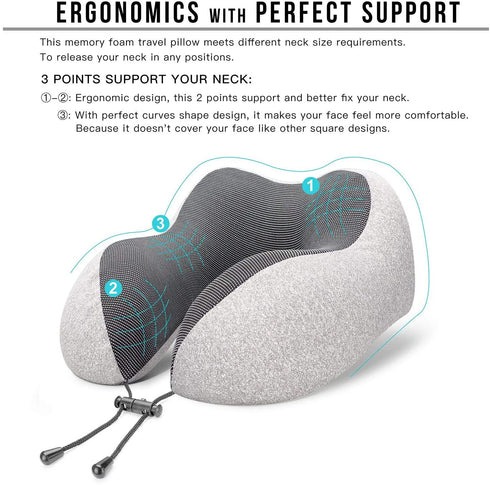 MLVOC Travel Pillow 100% Pure Memory Foam Neck Pillow, Comfortable & Breathable Cover - Machine Washable, Airplane Travel Kit with 3D Sleep Mask, Earplugs, and Luxury Bag, Grey