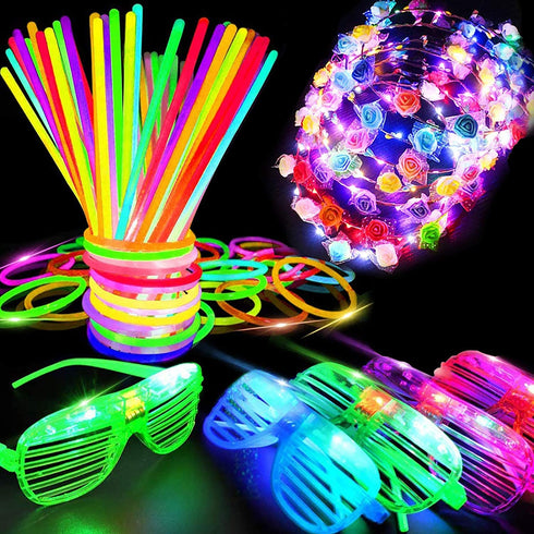 60 PCS Glow in the Dark Party Supplies Glow Sticks Bulk 2020 New Year LED Party Favor Light Up Toys Kid/Adults 50 Glow Sticks Necklaces Bracelets / 5 Light Up Glasses/ 5 Led Flower Crown