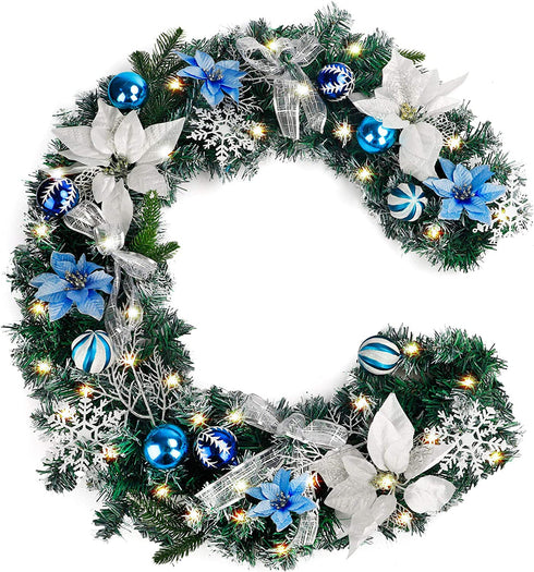 FUNARTY 6 Feet Christmas Garland with 30 Lights, Battery Operated Lighted Garland, Artificial Prelit Christmas Garlands with Blue and Silver Ornaments for Mantle Xmas Holiday Fireplace Decoration