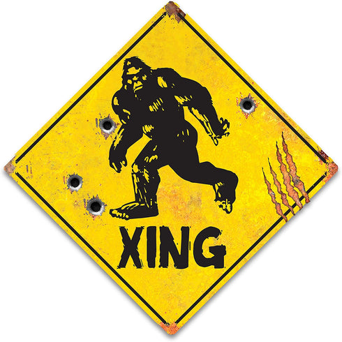 K EXCLUSIVE Sasquatch Xing Sign - 24-Gauge Metal Construction, Vivid Artwork, Two Mounting Holes - Dimensions 17 1/2" x 17 1/2"