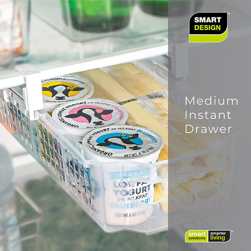 Smart Design Adjustable Pull Out Refrigerator Drawer - Medium - Extendable Rails and Handle - BPA Free Plastic - Holds 15 lbs - Fridge Bin, Freezer Container, Food Shelf Organizer - Kitchen - Clear