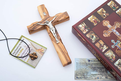 Hand Made Olive Wood Cross with Silver Plated Metal (Crucifix 8 Inch) - Wall Hanging, from the Holy Land Where Jesus Was Born, Crucified and Rose on the 3rd Day By Olive Wood Gifts Shop