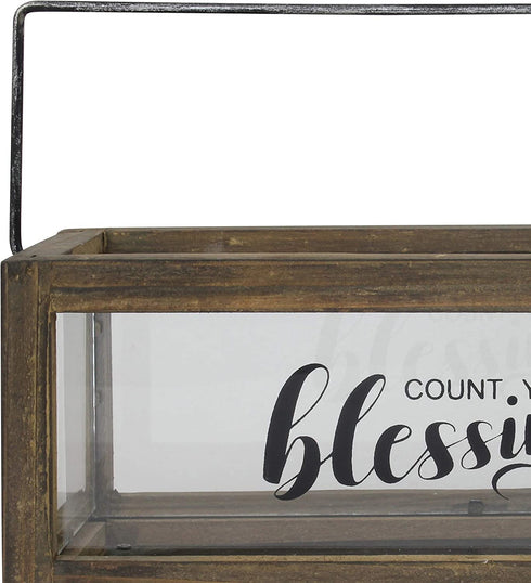 Stonebriar Count Your Blessings Rustic Rectangular Wood and Glass Tray Rail Candle Holder with Sentiment Saying, Brown