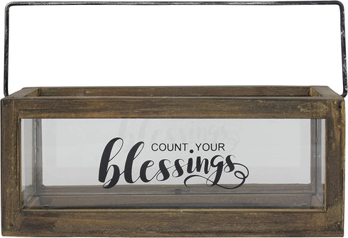 Stonebriar Count Your Blessings Rustic Rectangular Wood and Glass Tray Rail Candle Holder with Sentiment Saying, Brown