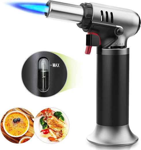 Culinary Cooking Torch with Fuel Gauge, Refillable Food Kitchen Torch with Adjustable Flame & Lock, Blow Torch for Cooking, Butane Torch Lighter for Creme Brulee, Baking, Desserts, Searing, DIY