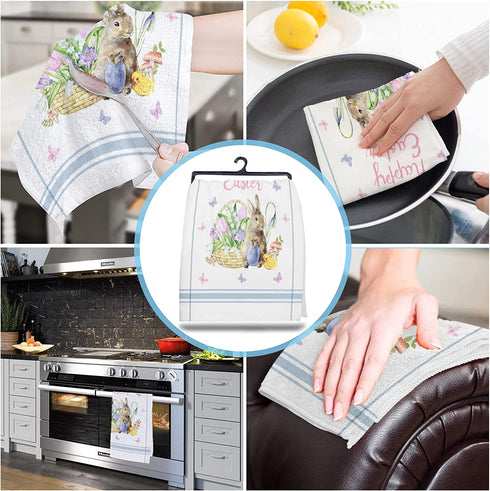 Easter Day Kitchen Towels Bunny Eggs Butterfly Flowers Dish Cloth Fingertip Bath Towels Cloth Blue Stripes Hand Drying Soft Cotton Tea Towel Set, 18x28in 2PCS