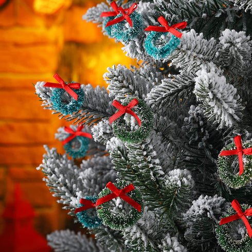 24 Pieces Mini Christmas Wreaths with Bows Christmas Wreath Decorations Including 1 Inch Blue-Green Xmas Wreaths and 1.2 Inch Grass-Green Xmas Wreaths for Christmas Tree Holiday Decorations