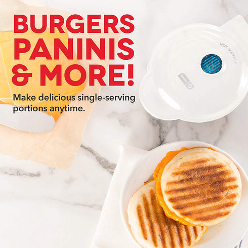Dash Mini Maker Portable Grill Machine + Panini Press for Gourmet Burgers, Sandwiches, Chicken + Other On the Go Breakfast, Lunch, or Snacks with Recipe Guide - White