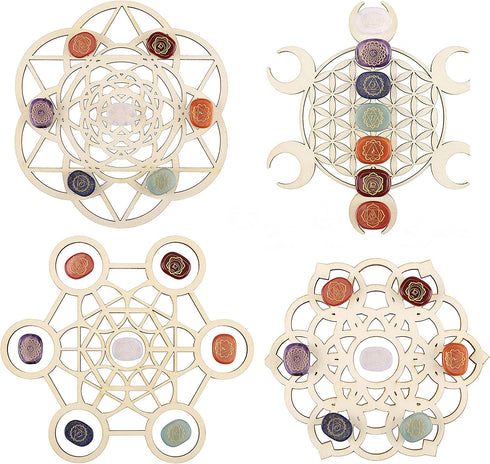 Mornajina Set of 4 Wood Crystal Grid Board Wall Art, Wood Wall Sculpture Art Hanging Home Decoration