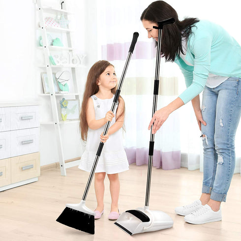 Broom and Dustpan Set - Premium Long Handled Broom Dustpan Combo - Upright Standing Lobby Broom and Dust Pan Brush w/ Handle - Great Edge, Lightweight and Robust
