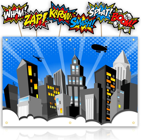 Bigtime Signs XL Superhero Backdrop with 6 Comic Action Word Photo Booth Props - Compliments any Super Hero Birthday Party - 4 foot x 6 ft - Cityscape Back Drop Banner Decoration Hangs on Wall Easily
