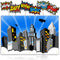 Bigtime Signs XL Superhero Backdrop with 6 Comic Action Word Photo Booth Props - Compliments any Super Hero Birthday Party - 4 foot x 6 ft - Cityscape Back Drop Banner Decoration Hangs on Wall Easily