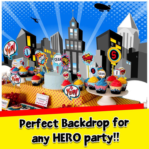Bigtime Signs XL Superhero Backdrop with 6 Comic Action Word Photo Booth Props - Compliments any Super Hero Birthday Party - 4 foot x 6 ft - Cityscape Back Drop Banner Decoration Hangs on Wall Easily