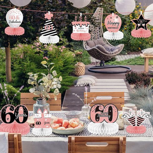 9 Pieces Rose Gold 60th Birthday decorations for Women Pink 60th birthday centerpieces for Tables Decorations Cheers to 60 Years Honeycomb Table Topper Happy 60th Birthday Decorations for Woman Sixty Years Birthday Party