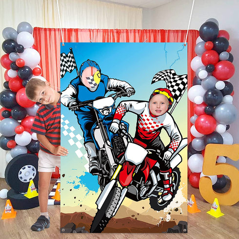 PANTIDE Motocross Photo Door Banner Backdrop Props, Large Satin Photo Background Face Photography Banner Decor Dirt Bike Theme Party Favor Supply Decorations Funny Party Games for Kids, 59 x 39 Inch