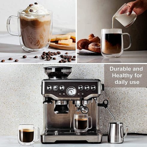 12 oz Double Walled Glass Coffee Mugs with Handle, Thermal Insulated and No Condensation Clear Coffee Mug, Glass Cups for Americano, Latte, Espresso, Cappuccinos Beverage and Tea