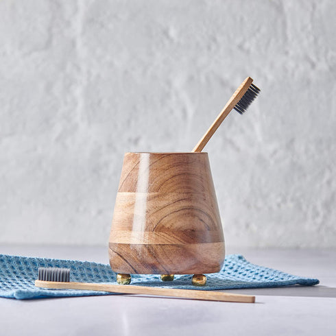Folkulture Toothbrush Holder for Bathroom, Tooth Brushing Holder for Bathrooms, Modern Wooden Holder for Tooth Brushes and Toothpaste, Acacia Wood, 4 x 3 Inches, Natural Finish