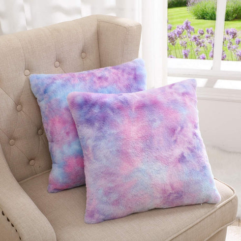 Muchique Pack of 2 Soft Plush Faux Fur Tie Dye Decorative Throw Pillow Covers- Fuzzy Cushion Cases/Pillowcases for Sofa, Bedroom, Living Room, Square 16 X 16 Inches, Purple