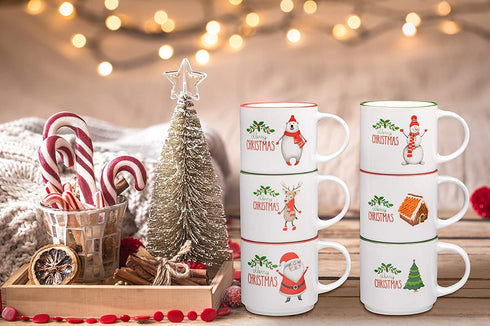 Christmas Coffee Mugs Set of 6 Large-sized 14 Ounce Christmas Theme Perfect For Christmas Gift Baskets Ceramic Coffee Mugs Restaurant Coffee Mugs By Bruntmor