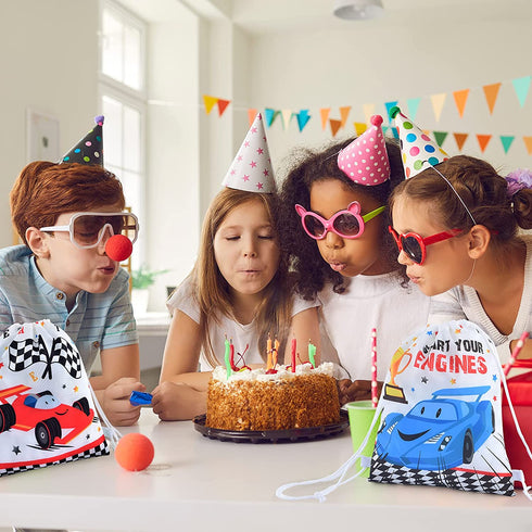 Race Car Party Gifts Bags - 12 Pack 10'' x 12'' Racing Car Drawstring Backpack for Boy Kids String Goodie Candy Bags Party Supplies for Birthday