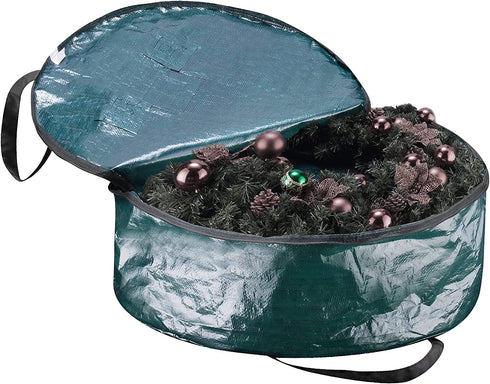 Wreath Storage Bag- 24? Round- Protect Holiday, Easter, Fall & Christmas Artificial Wreaths & Garland- Zippered Tote with Handles by Elf Stor (Green)