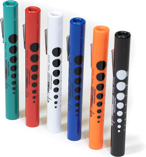 Primacare DL-9224 Pack of 6 Disposable Diagnostic Penlight with Imprinted Pupil Gauge, Lightweight and Moulded Plastic Body Medical Pen Light for Nurse, Student, Doctors EMT, Multicolor