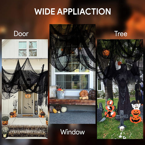 MELLIFUL Huge Halloween Creepy Cloth with 12 PCS Bats Spooky Hanging Scary Gauze Fabric Black 315 x 79 Inch Window Cover Gauze Halloween Decorations for Party Home Wall Yard Outdoor Doorway