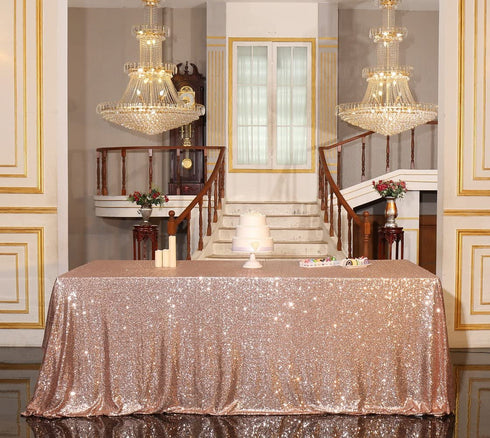 PartyDelight Sequin Tablecloth, Wedding, Sweetheart, Christmas Tree, Rectangular, 48"x72", Rose Gold