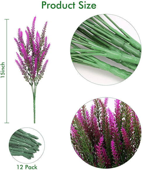 Artificial Lavender Flowers 12 Bundles Outdoor UV Resistant Fake Flowers No Fade Faux Plastic Plants Garden Porch Window Box Decorating (Fushia)