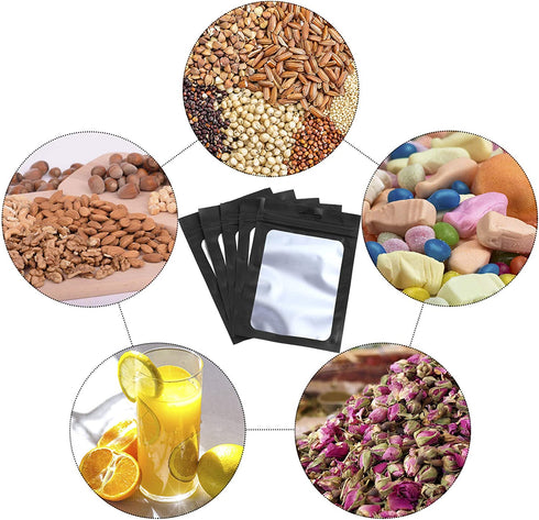 100 Pieces Mylar Bags Smell Proof Bags Resealable Bags for Small Business with Clear Window Holographic Bags for Food Storage and Lip Gloss, Jewelry, Eyelash Packaging (Black, 5.1 x 8.3 Inch)