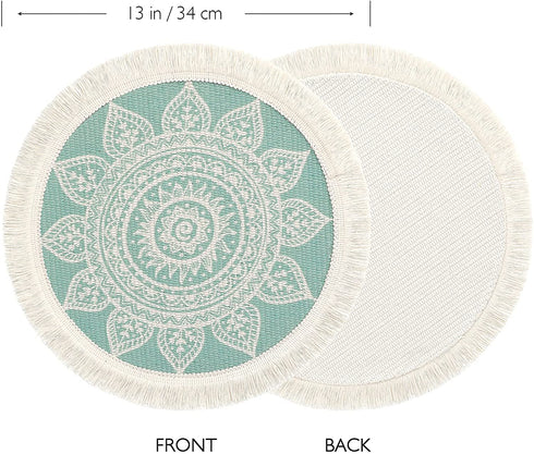 LOMOHOO Set of 4 Round Placemats 13 Inch Table Mats Boho Cotton Woven Mandala Tassels Heat Proof Washable Circle Place Mat for Kitchen Dining Wedding Farmhouse Home Decoration