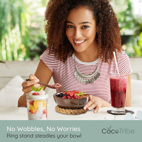 Coconut Bowls with Spoons & Stands - Set of 4 Coconut Shell Bowls + Wooden Spoons & No-Wobble Holders for Serving a Smoothie, Acai Bowl, or Salad - Eco Friendly & Handmade by CocoTribe, Holds 18 Oz