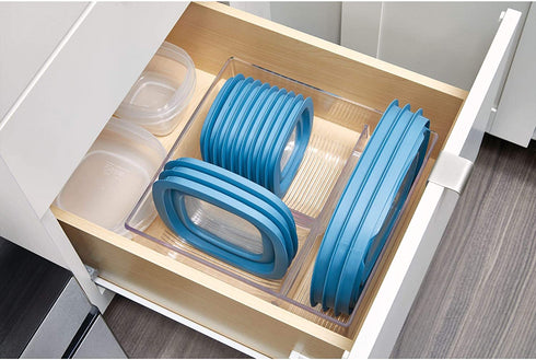iDesign Plastic Kitchen Binz Food Container Lid Storage Organizer for Cabinet, Pantry, Countertop, 11.49" x 10.92" x 4.12", Clear