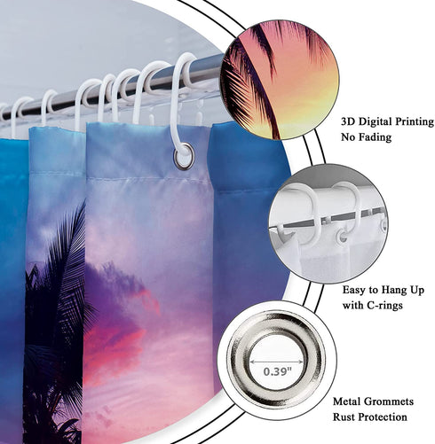 Riyidecor Beach Shower Curtain Ocean Sunrise Tropical Palm Tree Hawaiian Sunset Costal Scenery Sea Waves Summer Bathroom Home Decor Set Waterproof Polyester 72WX72H Inch 12 Pack Plastic Hooks WW-IHTB