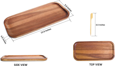 Wood Serving Platter Tray Plate, Wooden Steak Plates, Set of 1 Small Wood Tray + 50 Paddle Picks, Solid Natural Rectangular Acacia Board for Food Party Cheese Appetizer, Avoid Sliding and Spilling