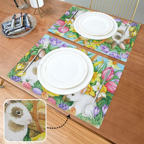 Spring Easter Placemats Set of 4 for Dining Table Egg Bunny Rabbit Tulips Washable Woven Vinyl Placemat Non-Slip Heat Resistant Kitchen Table Mats Easy to Clean